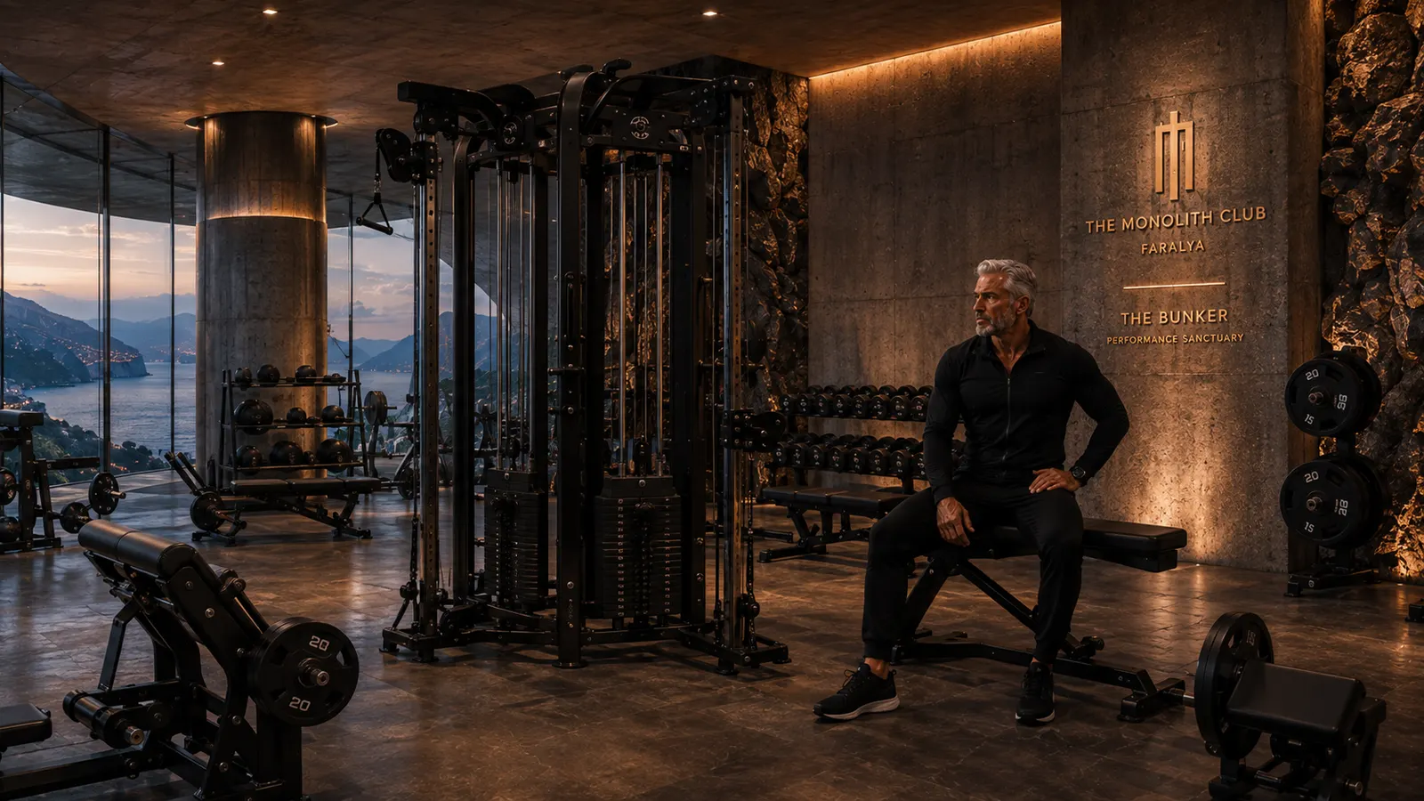 Concept view of the cable station — a multi-column cable frame against rock and concrete, a single figure resting between sets.