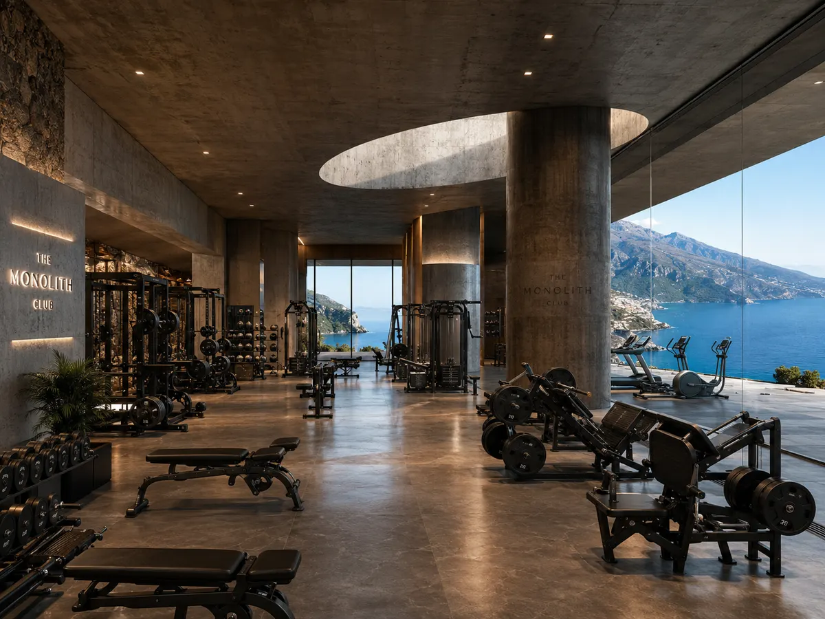Concept view of the training floor — plate-loaded stations under a concrete soffit and oculus, full-height glazing to the sea.
