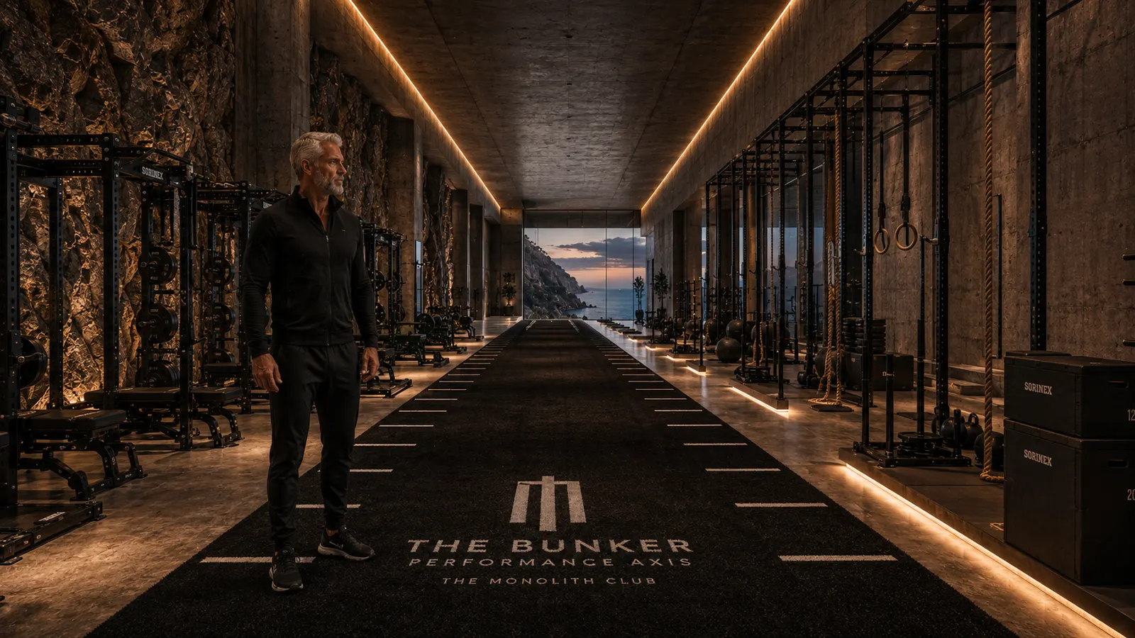 Concept view of the performance axis — a long training lane between racks, a single figure walking it, the open face at its end.