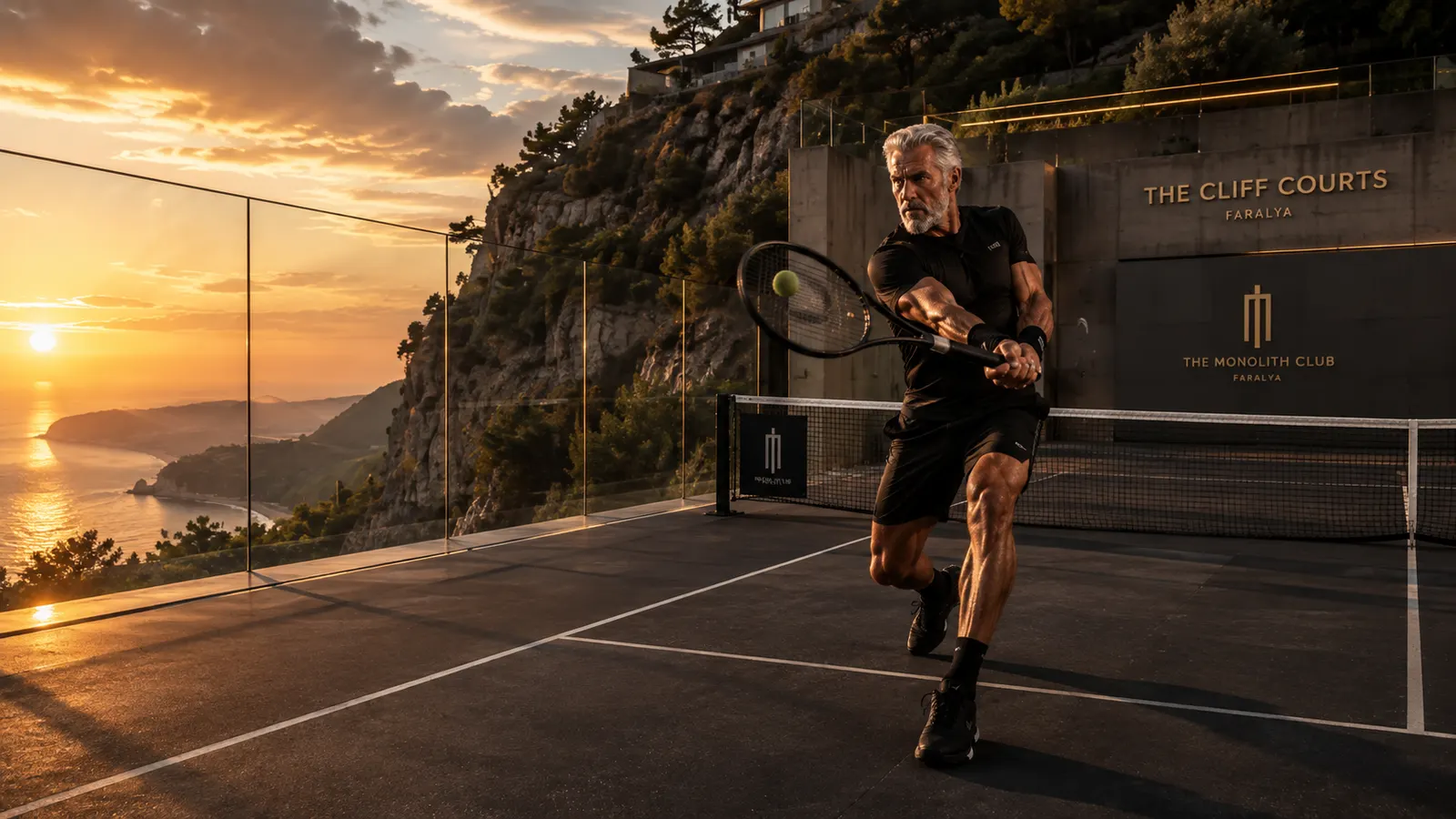 Concept view of a cliff court at sunset — a single player mid-stroke above the sea, glass wind screening at the court edge.