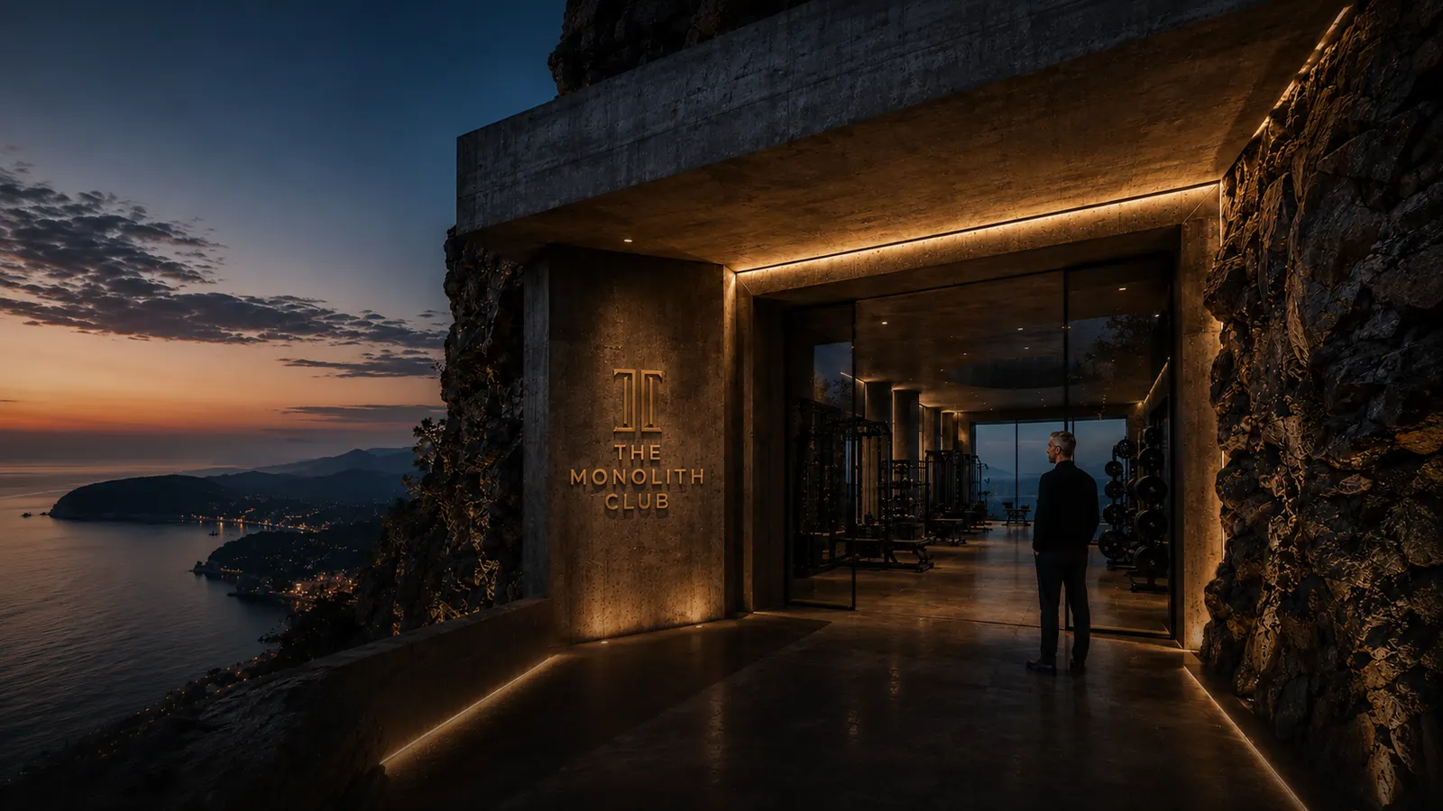 The performance volume set into the cliff at last light, its glazed face open to the sea.
