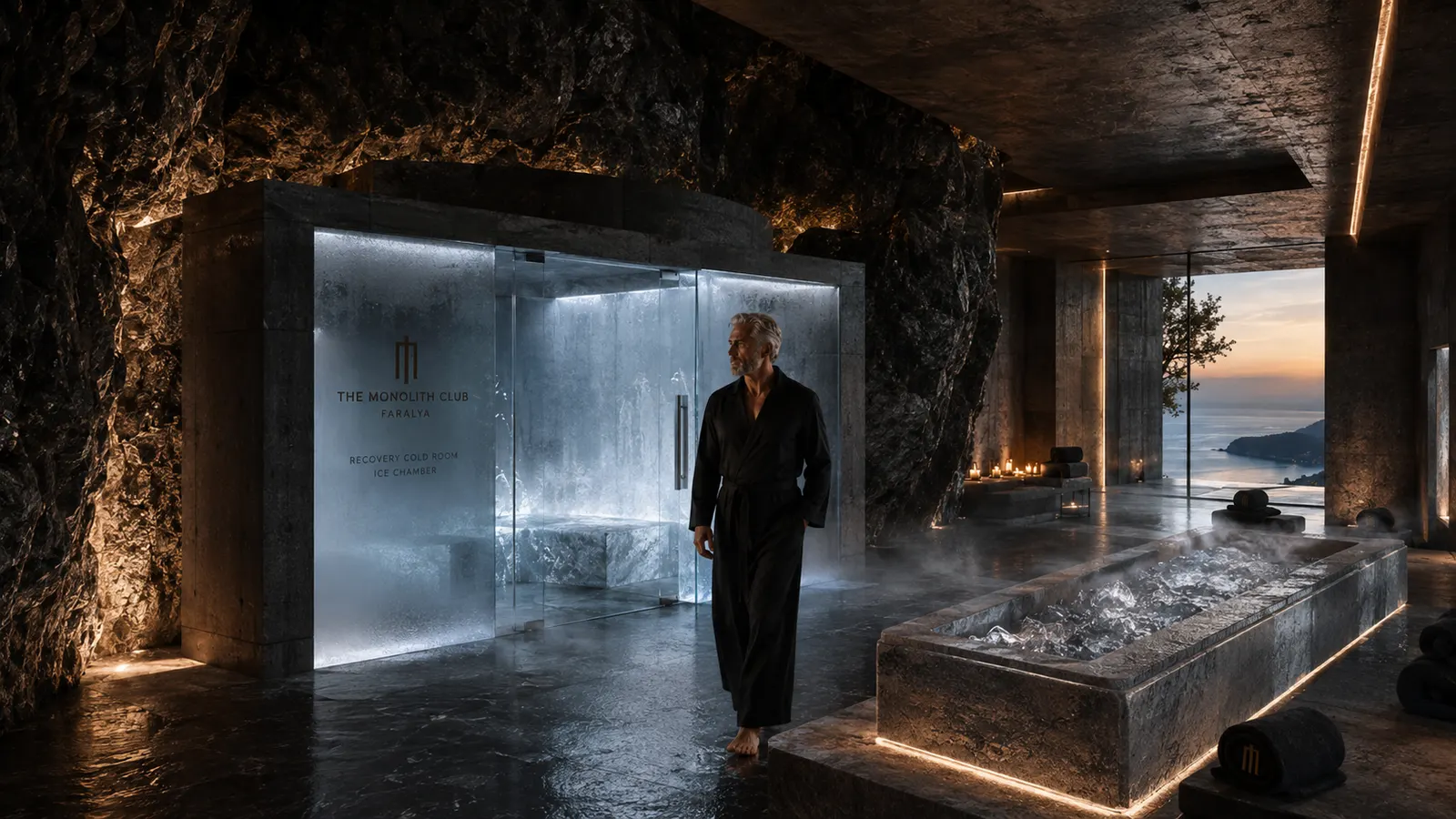 Concept view of the cold room at The Monolith Club — a frosted glass chamber set into cave rock, an ice bath beside it, the Mediterranean beyond.
