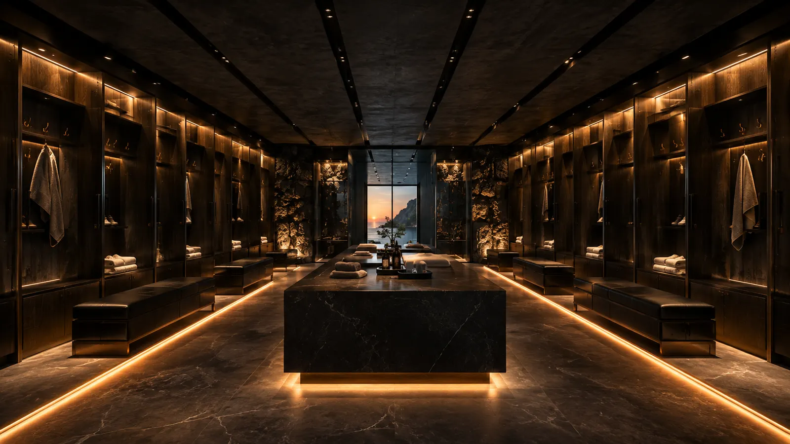 Concept view of the locker room — dark timber and stone, a single marble island, warm concealed light.