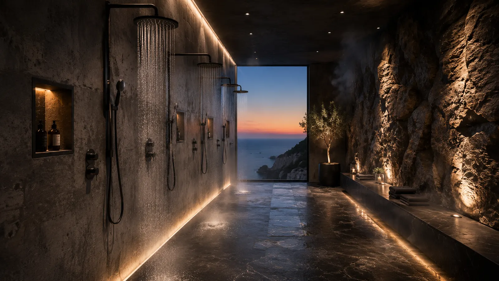 Concept view of the rain showers — water falling against cut rock, the room ending in open air above the sea.
