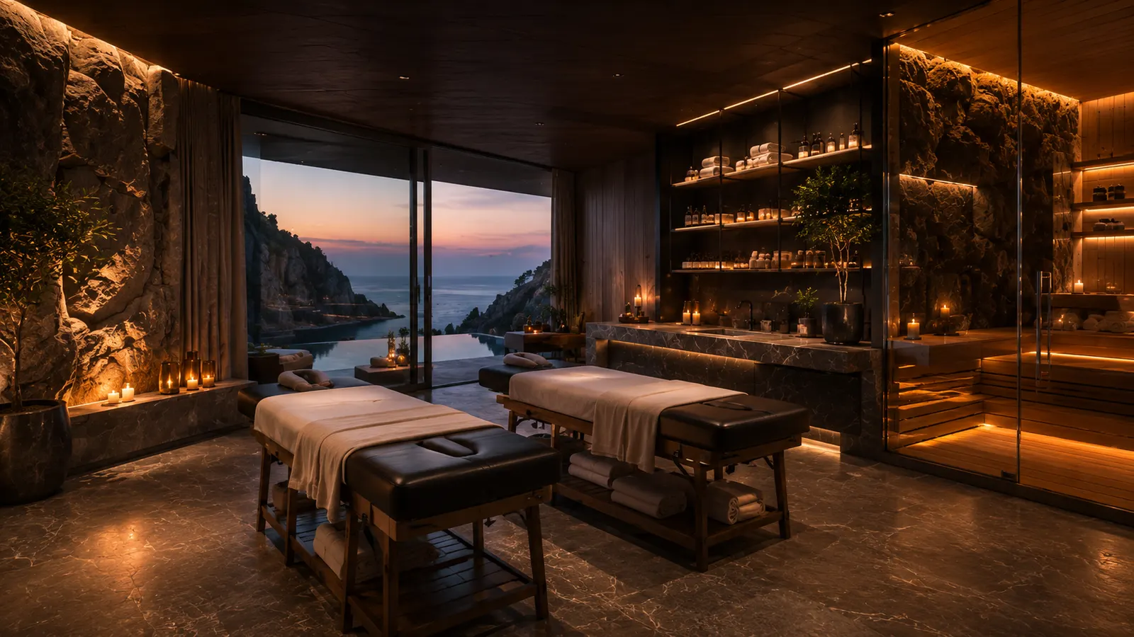 Concept view of a treatment room — two tables in stone and timber, candlelight, the water beyond the glass.