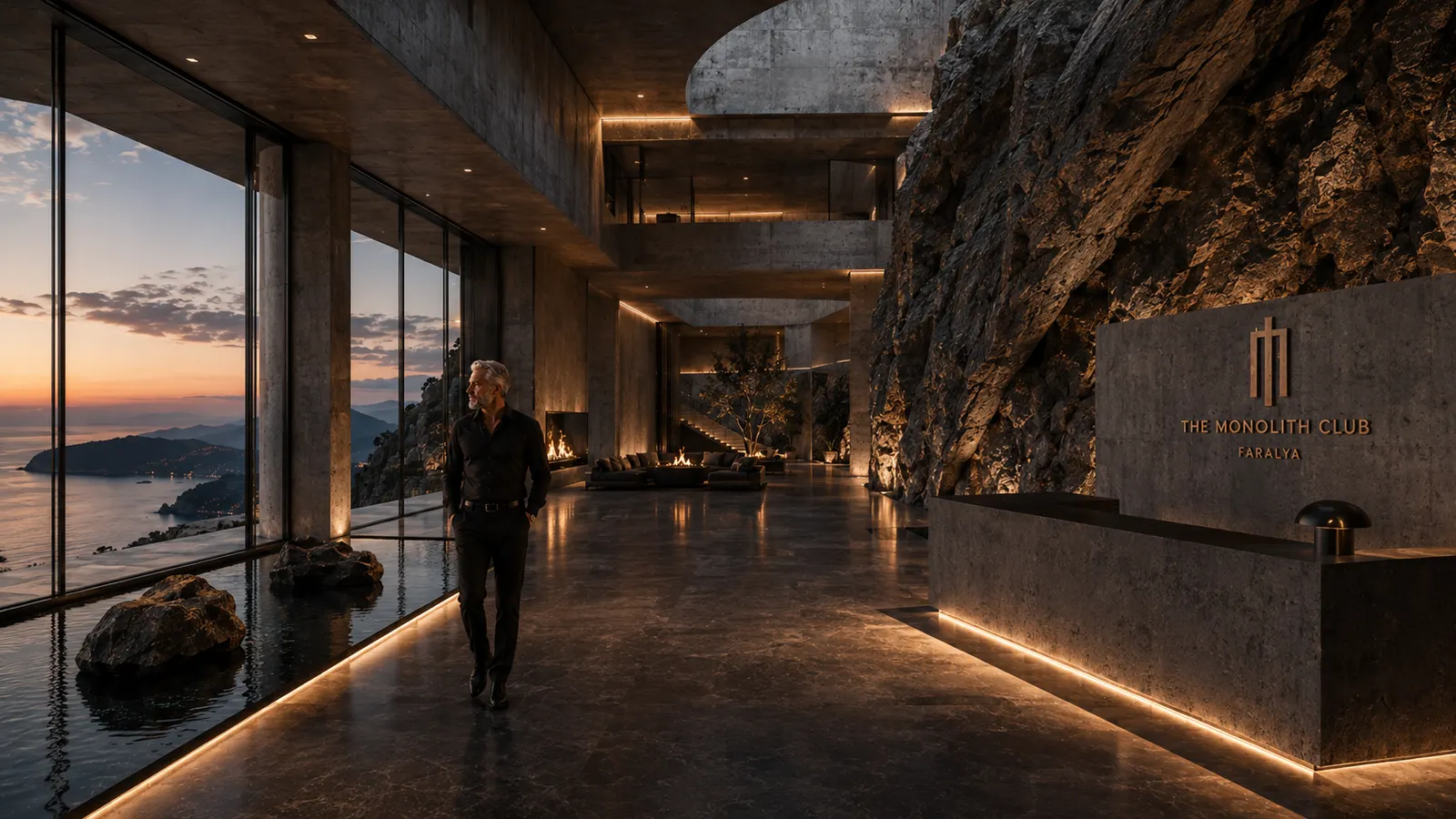 Concept view of the arrival hall — a reception carved against the cliff rock, full-height glazing to the sea, a single figure crossing the floor.