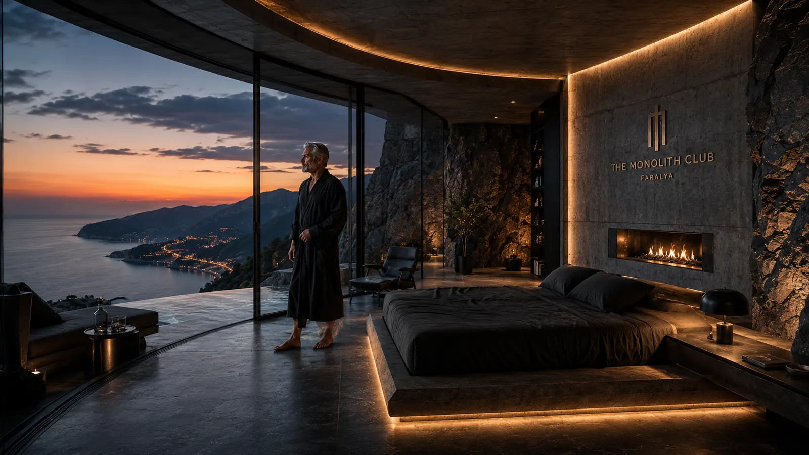 Concept view of a suite interior — a fire set into the stone wall, a single figure at the glass, the coast falling away below.