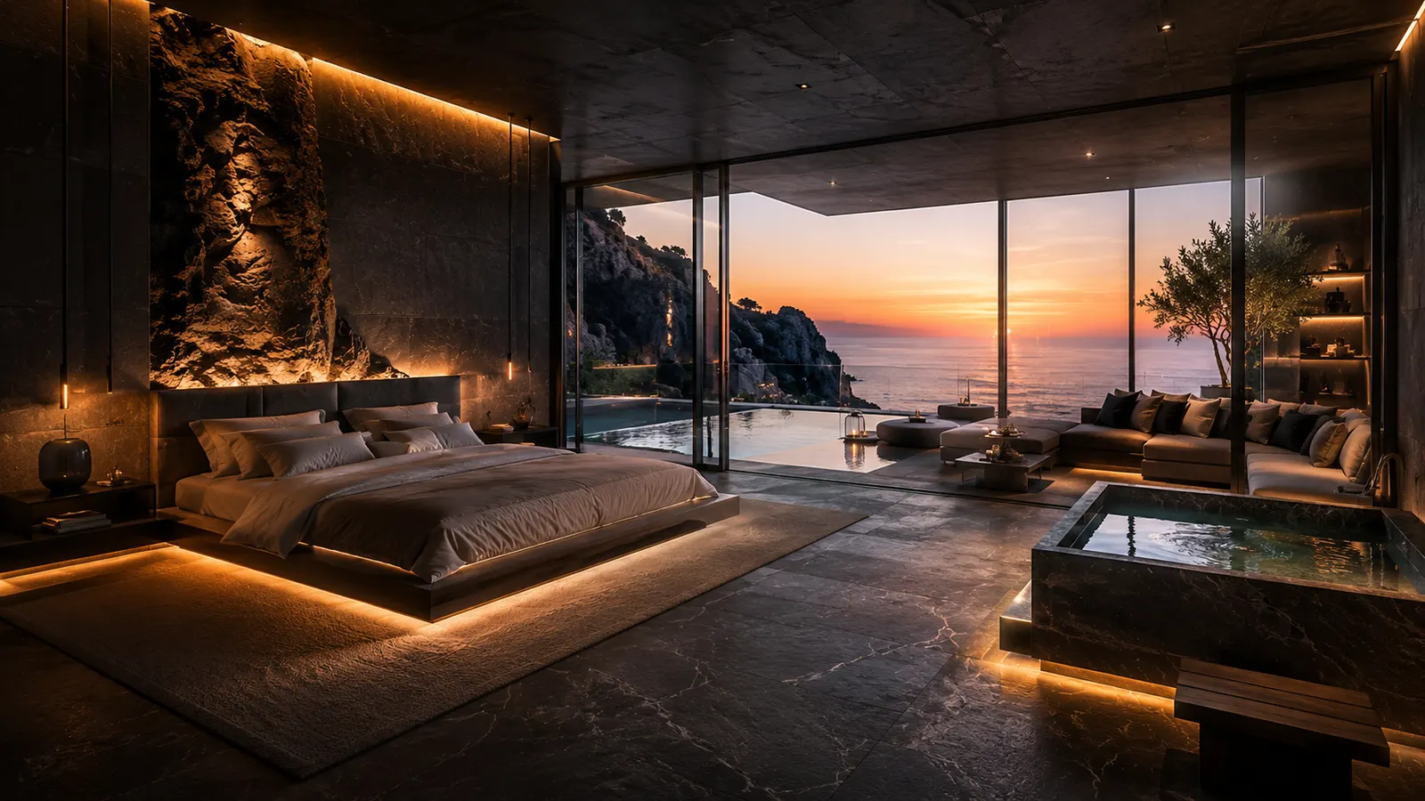 Concept view of a suite at The Monolith Club — a low bed against cut rock, glazing drawn open to a private pool terrace and the sea at dusk.