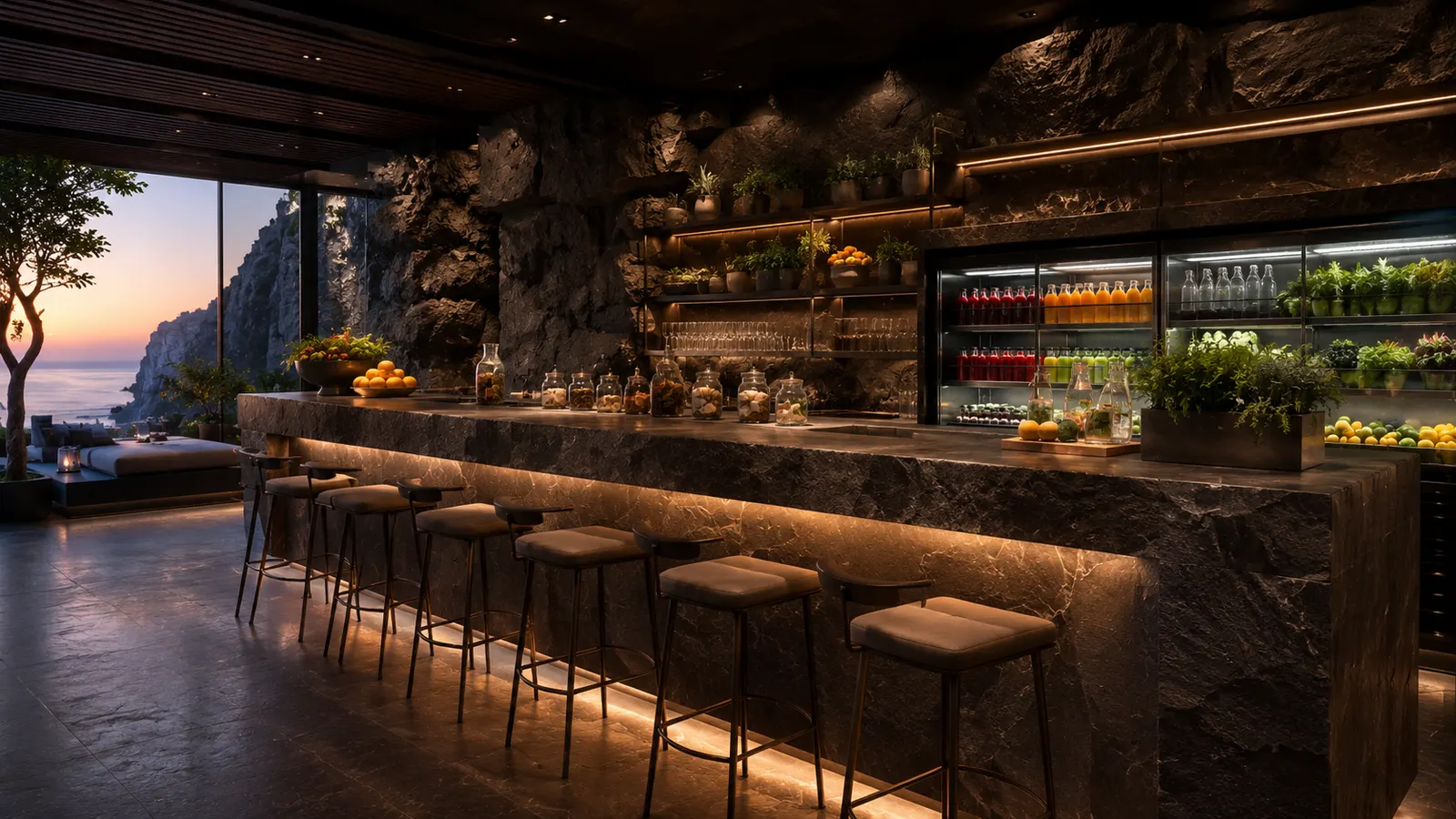 Concept view of the juice bar — a single stone counter under warm light, produce and glass, the coast beyond.