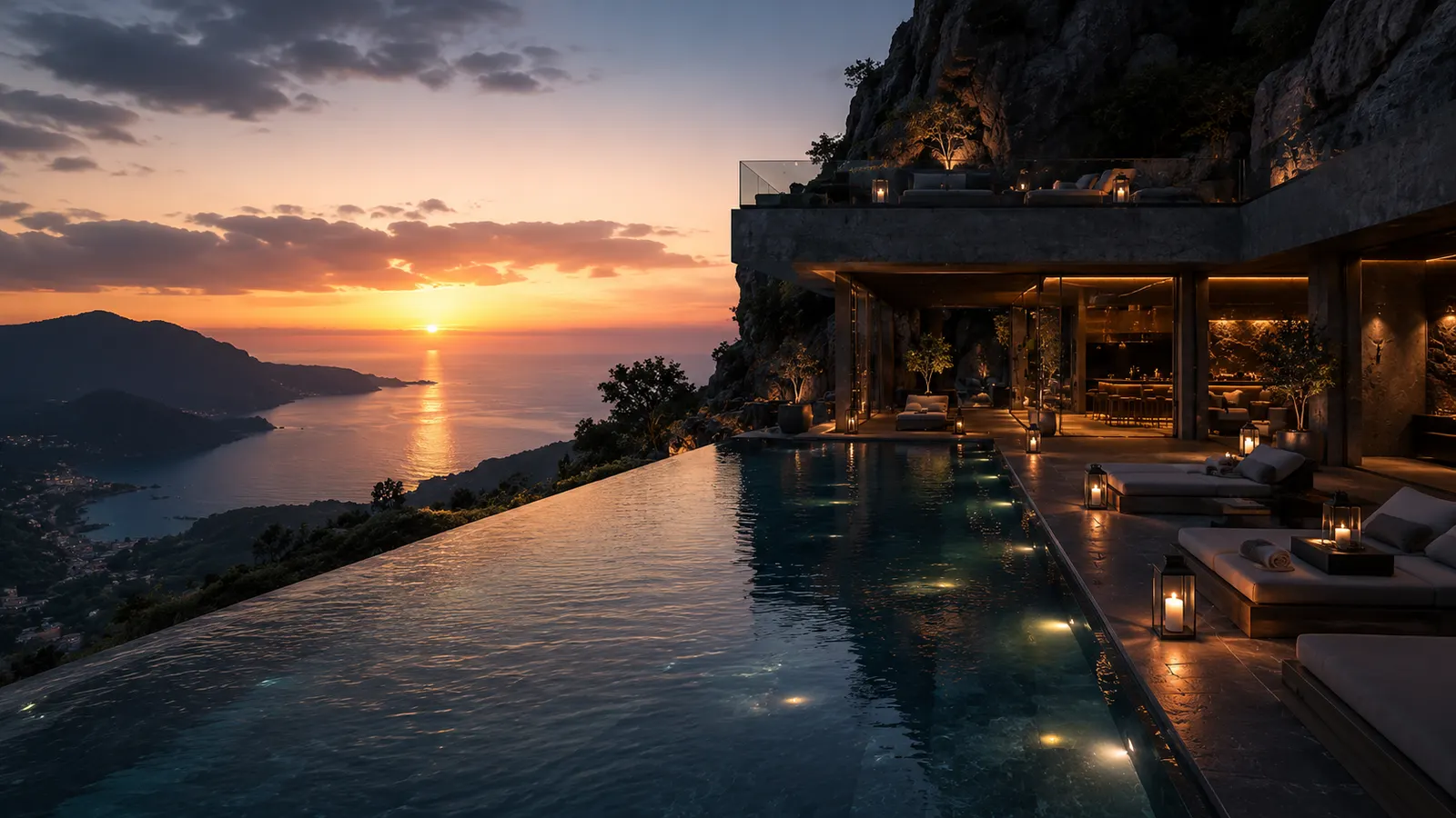 Concept view of the infinity pool at dusk — still water meeting the sea horizon, the terrace lit low, the estate behind.