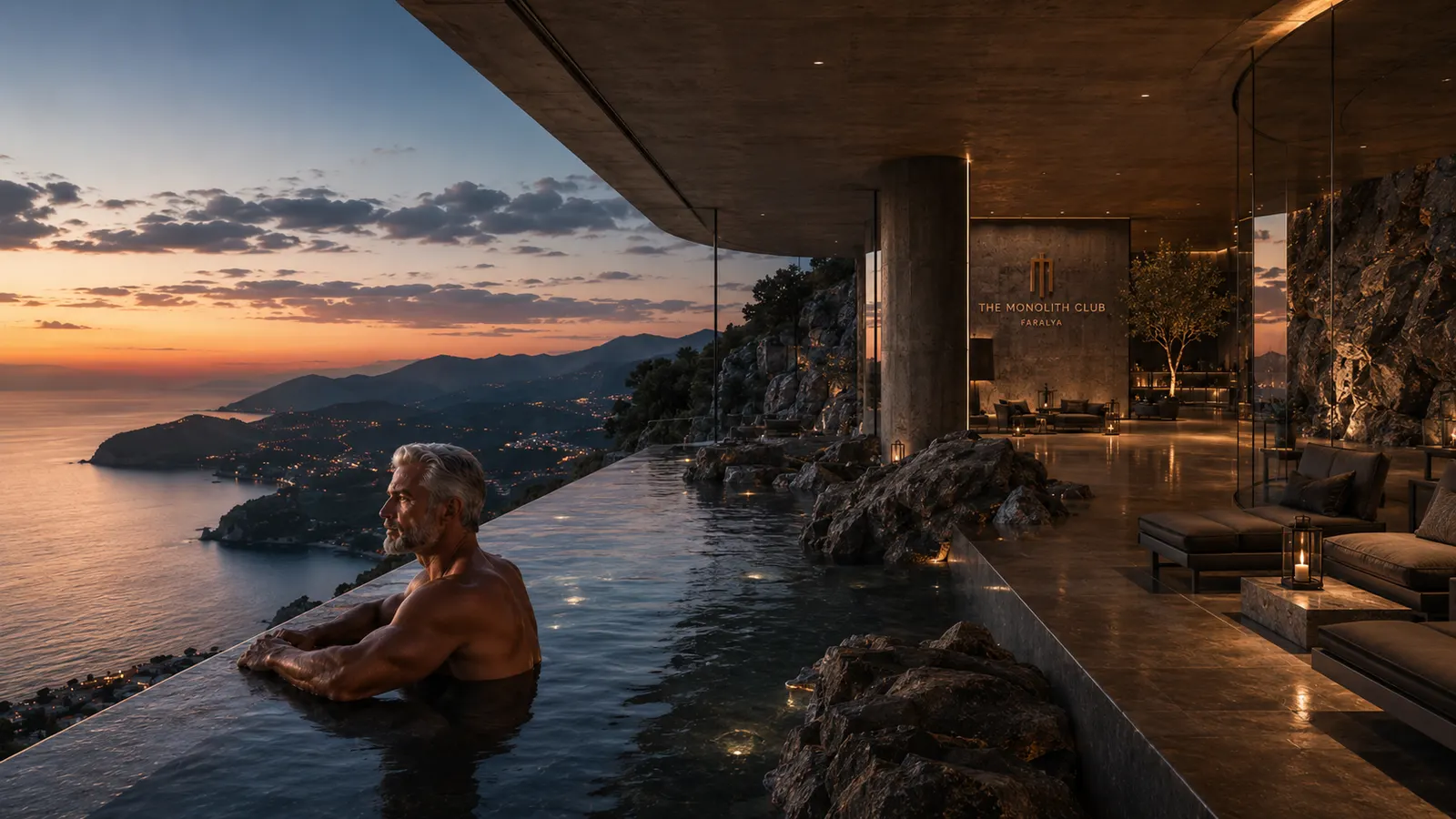 Concept view of the pool edge at dusk — a single figure resting at the water line, the coast and its lights far below.