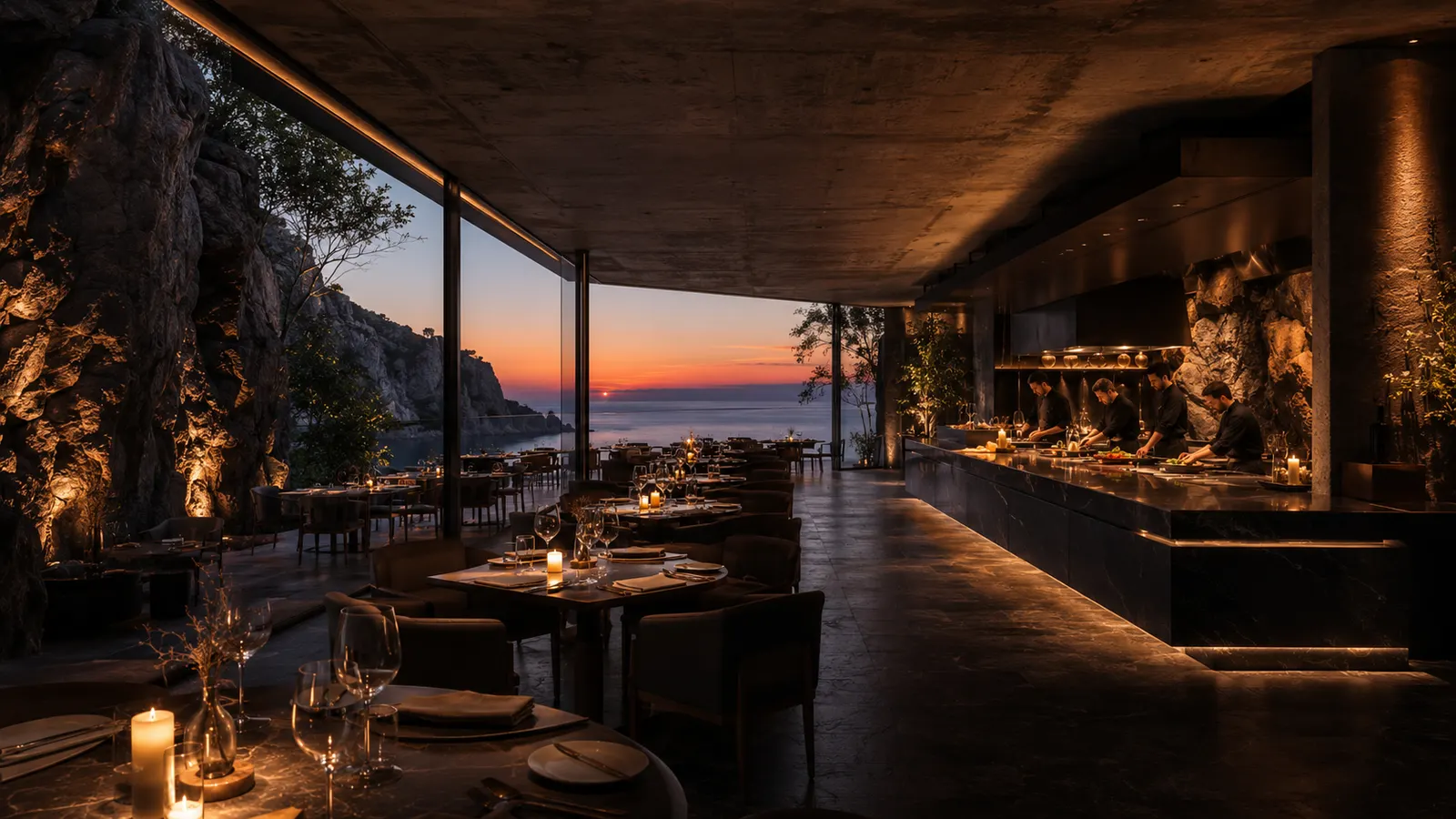 Concept view of the dining room — tables by candlelight against the rock, an open kitchen along the far wall, the last light on the water.