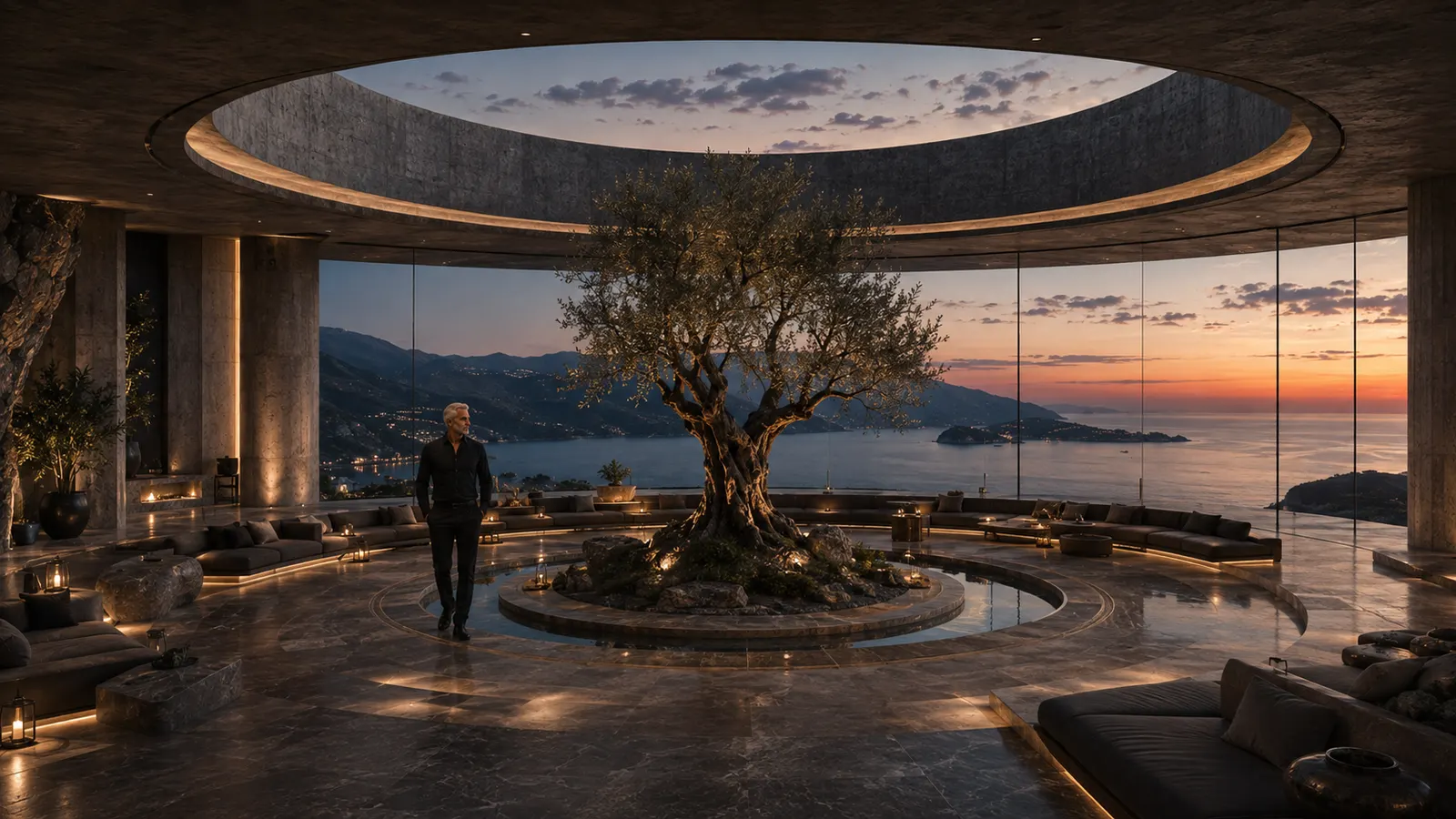 Concept view of THE ONE — a circular salon under an open oculus, an olive tree at its centre, the coast running the full round of glass.
